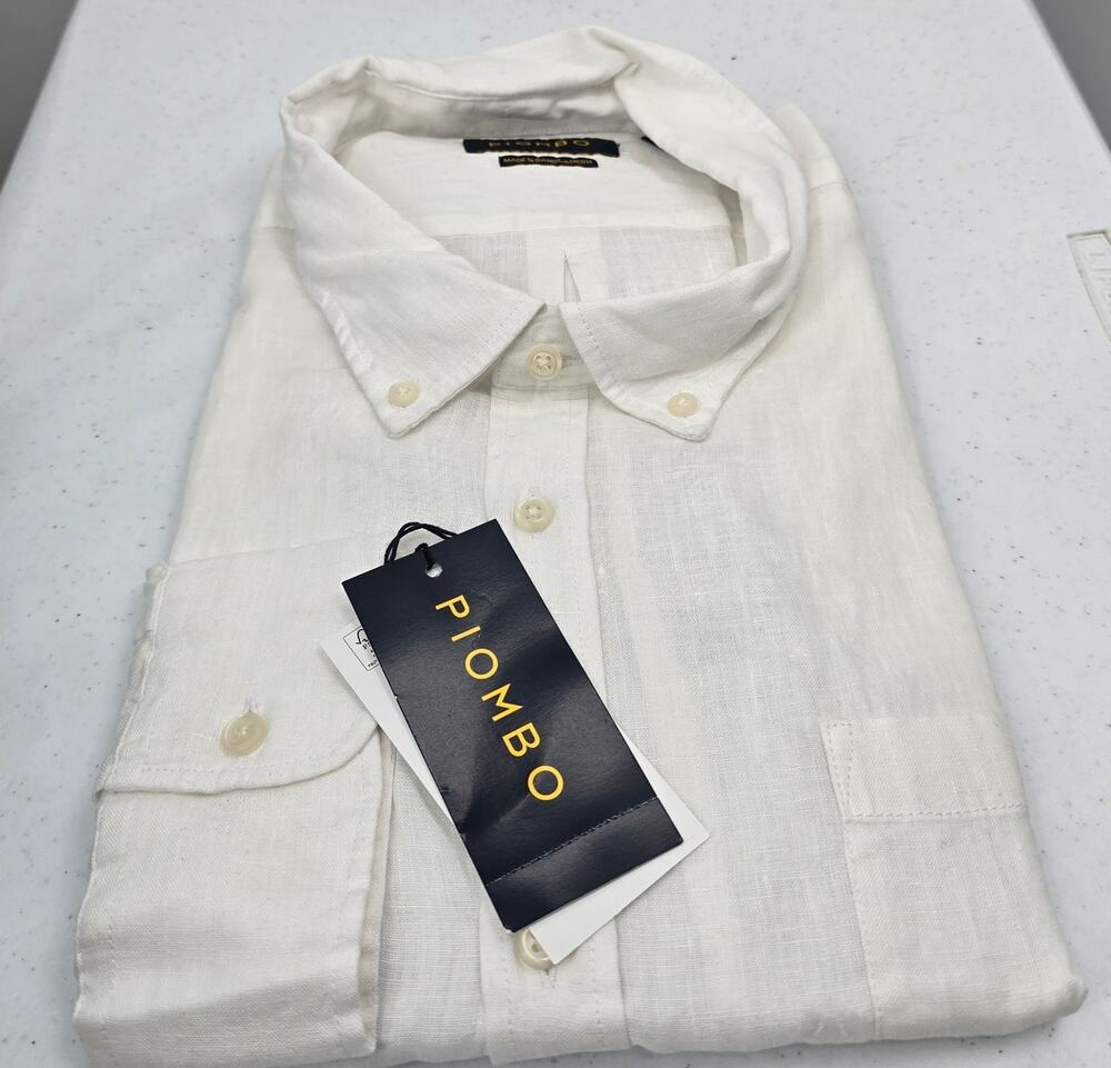 PIOMBO Mens Linen Shirt 4XL White Italian Luxury Casual Button Down Lightweight